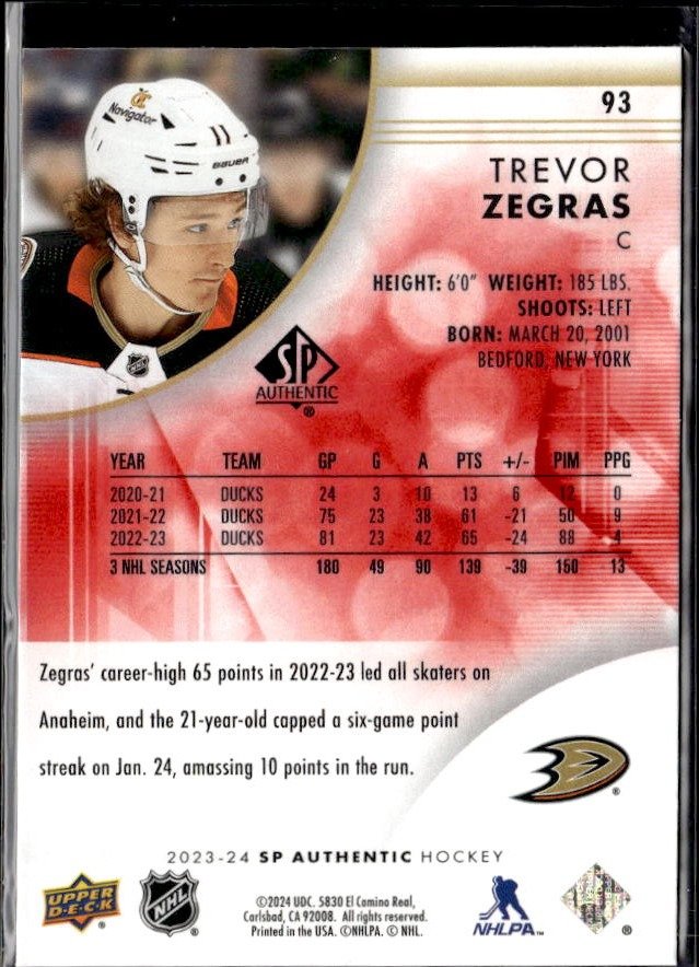 2023-24 Upper Deck SP Authentic Hockey Limited Red #93 Trevor Zegras (2)