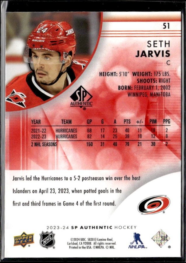 2023-24 Upper Deck SP Authentic Hockey Limited Red #51 Seth Jarvis (2)