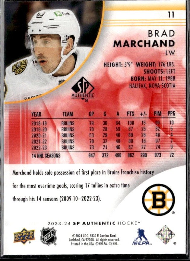 2023-24 Upper Deck SP Authentic Hockey Limited Red #11 Brad Marchand (2)