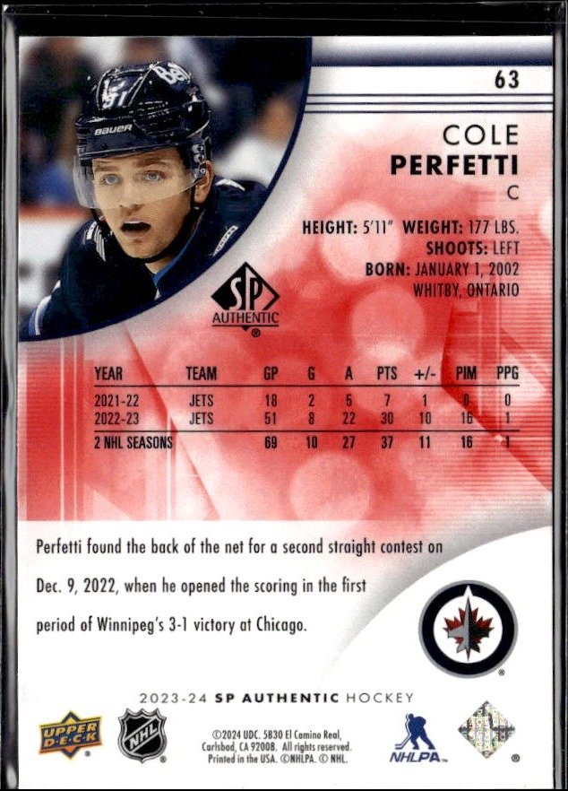 2023-24 Upper Deck SP Authentic Hockey Limited Red #63 Cole Perfetti (2)