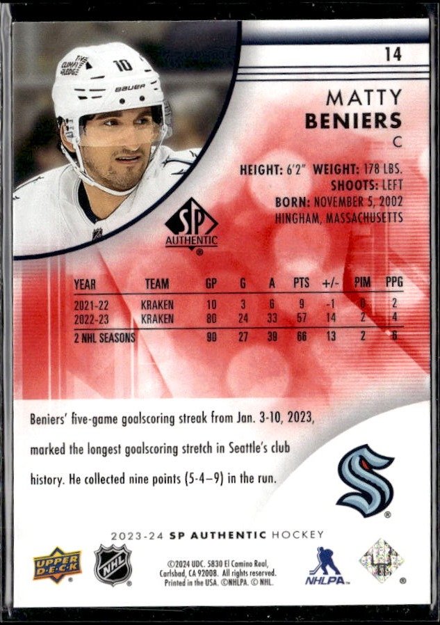 2023-24 Upper Deck SP Authentic Hockey Limited Red #14 Matty Beniers (2)