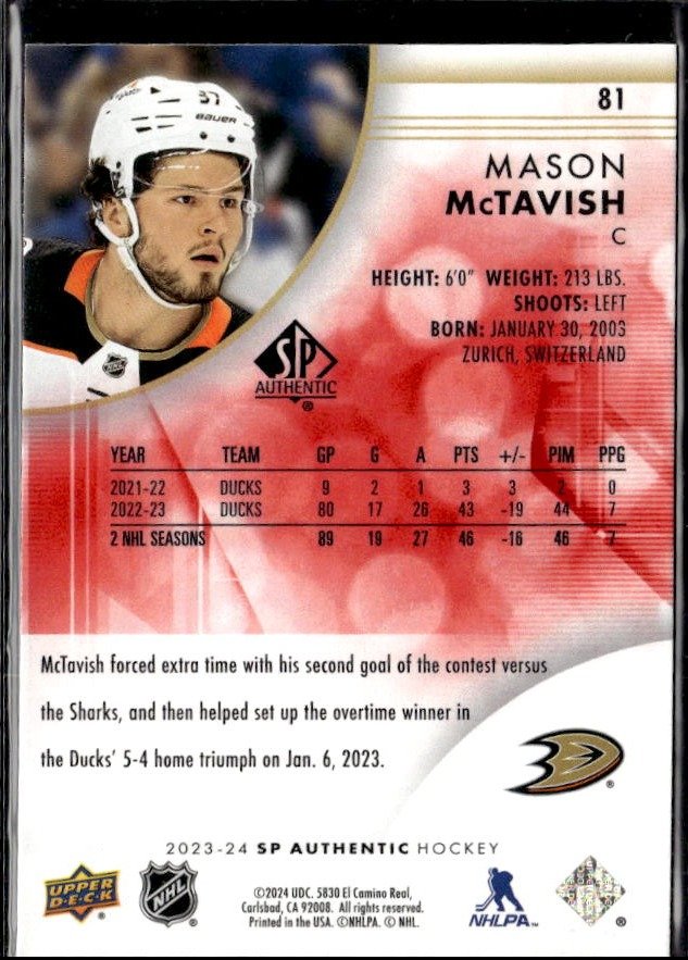 2023-24 Upper Deck SP Authentic Hockey Limited Red #81 Mason McTavish (2)