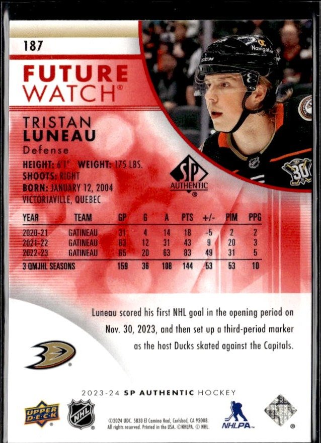 2023-24 UD SP Authentic Hockey Future Watch Limited Red Rookie Tristan Luneau (2)
