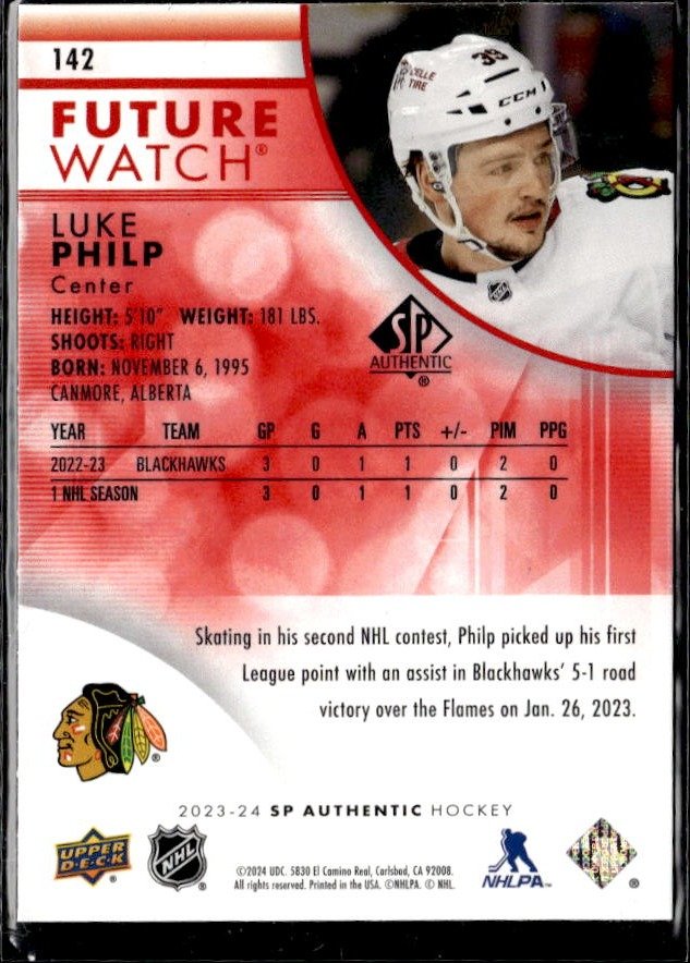 2023-24 Upper Deck SP Authentic Hockey Future Watch Limited Red #142 Luke Philp (2)
