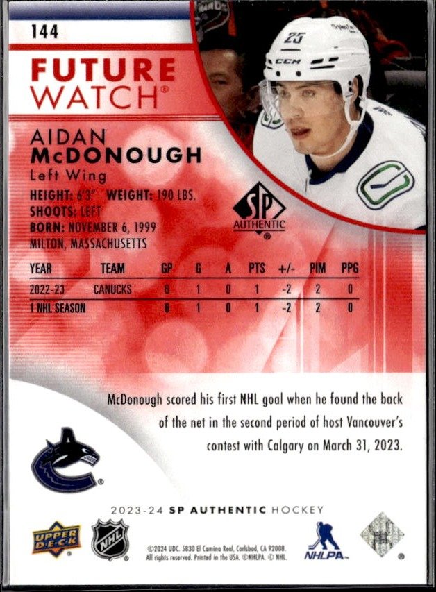 2023-24 SP Authentic Hockey Limited Red #144 Aidan McDonough Rookie (2)