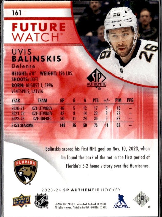 2023-24 Upper Deck SP Authentic Hockey Future Watch R Rookie #161 Uvis Balinskis (2)