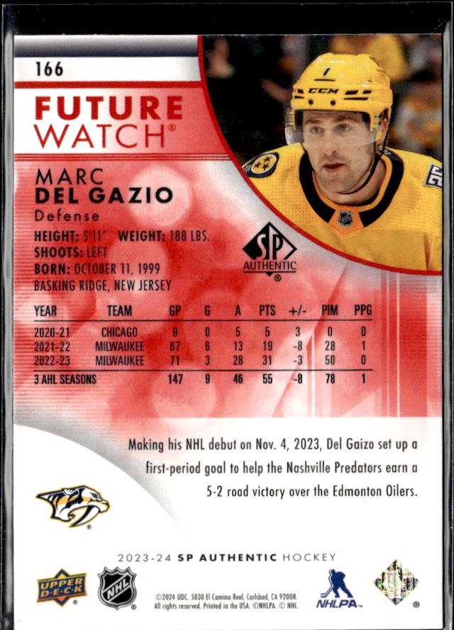 2023-24 Upper Deck SP Authentic Hockey Future Watch Red Rookie Marc Del Gaizo (2)