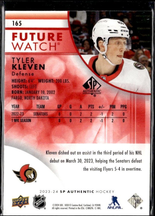 2023-24 Upper Deck SP Authentic Hockey Future Watch Red Rookie #165 Tyler Kleven (2)