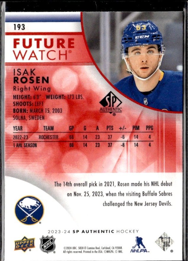 2023-24 Upper Deck SP Authentic Hockey Future Watch Red #193 Isak Rosen Rookie (2)