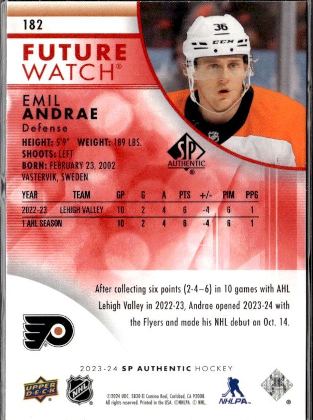 2023-24 SP Authentic Hockey Future Watch Rookie Red #182 Emil Andrae (2)