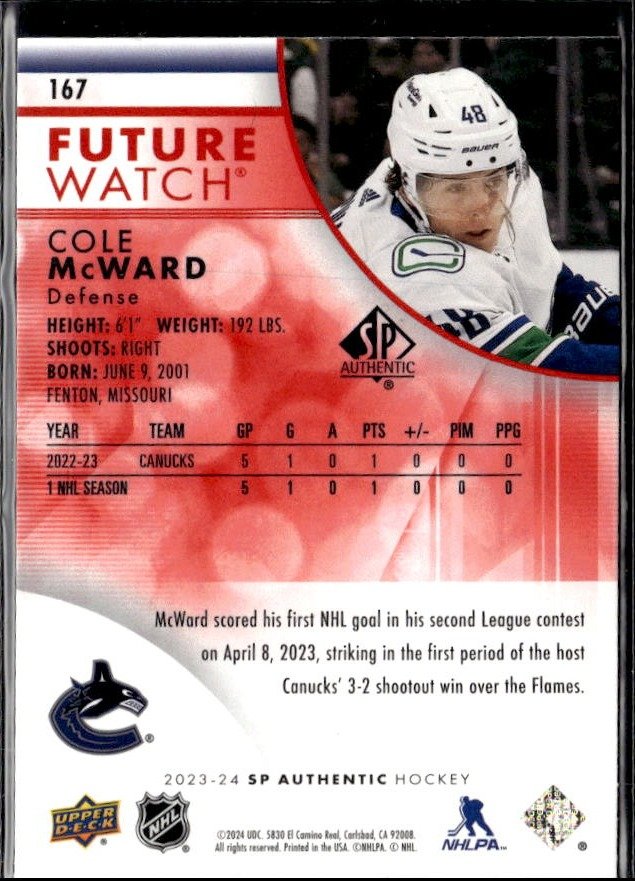 2023-24 Upper Deck SP Authentic Hockey Future Watch Red Rookie #167 Cole McWard (2)