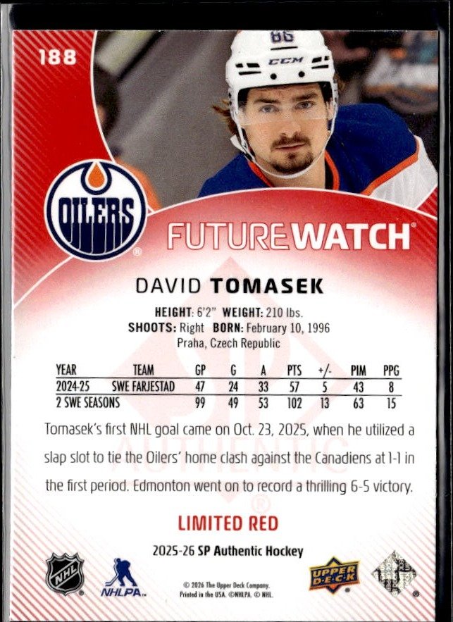2025-26 SP Authentic SP Authentic Future Watch Limited Limited Red David Tomasek (2)
