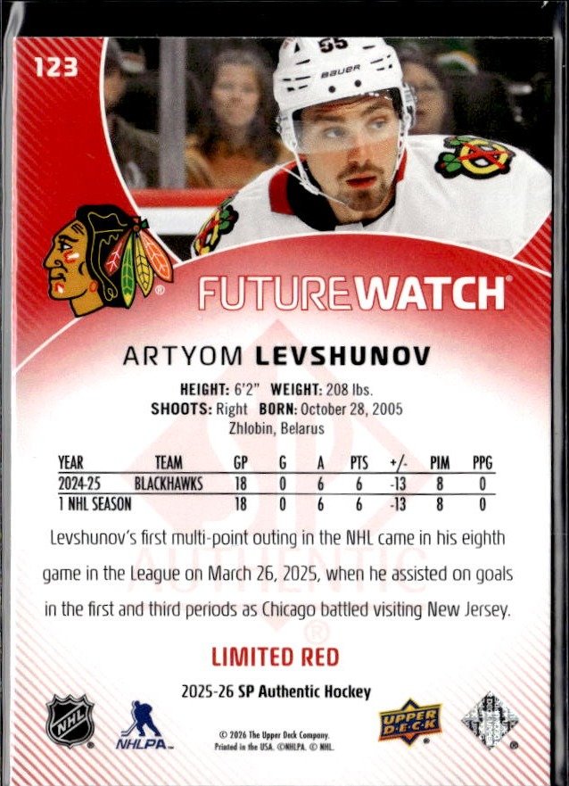 2025-26 SP Authentic SP Authentic Future Watch Limited Red Artyom Levshunov (2)