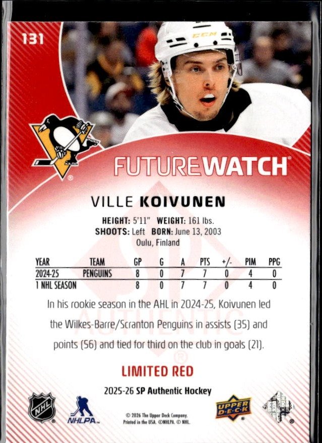 2025-26 SP Authentic SP Authentic Future Watch Limited Red Rookie Ville Koivunen (2)