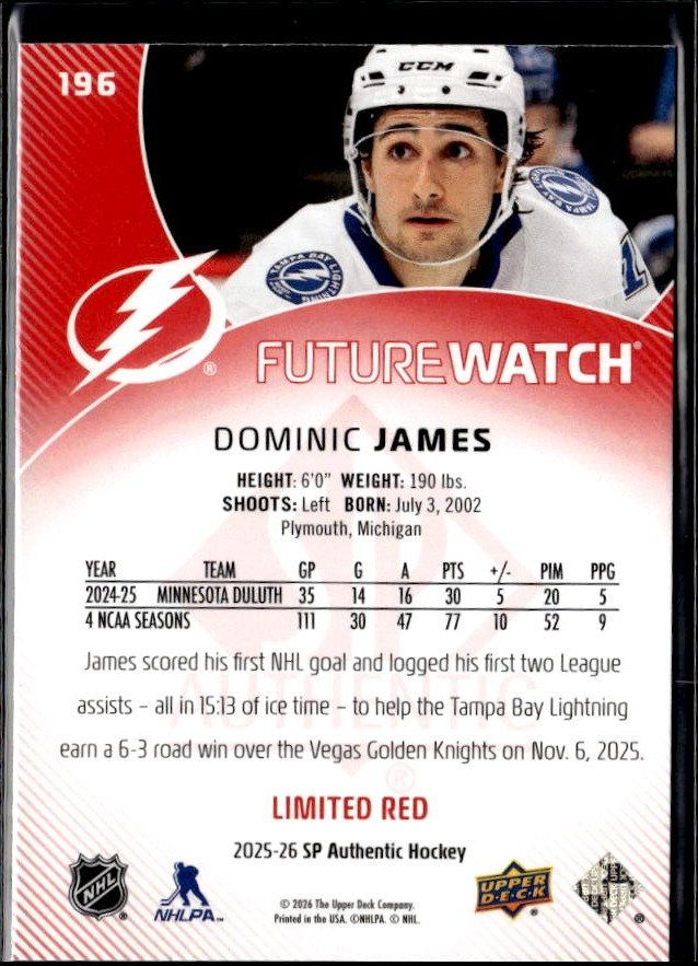 2025-26 SP Authentic SP Authentic Future Watch Limited Red Rookie Dominic James (2)