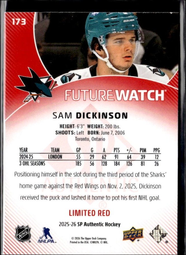2025-26 SP Authentic SP Authentic Future Watch Limited Red Rookie Sam Dickinson (2)