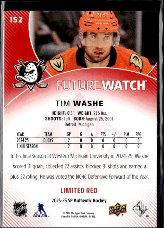 2025-26 SP Authentic SP Authentic Future Watch Limited Red Rookie #152 Tim Washe (2)