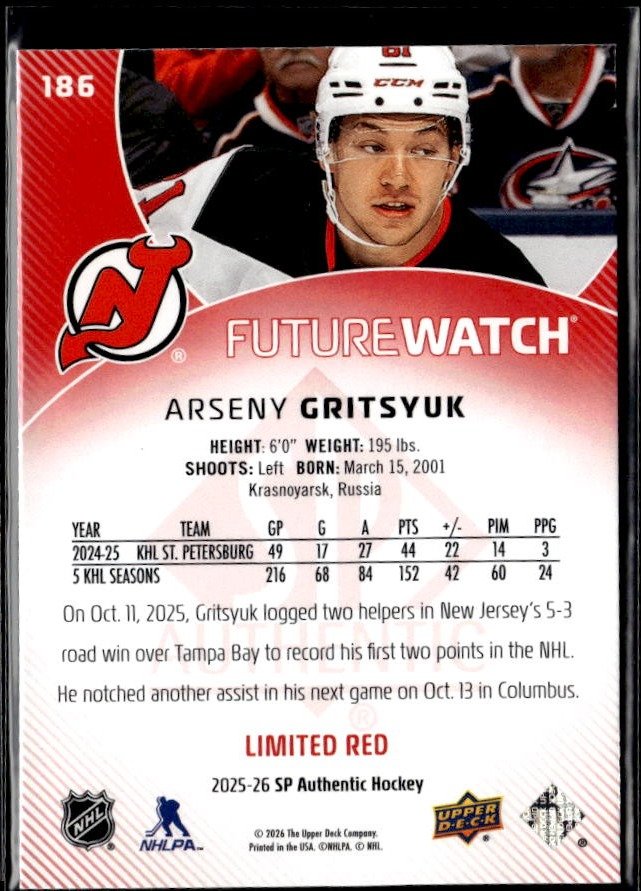 2025-26 SP Authentic Future Watch Limited Red Rookie #186 Arseny Gritsyuk (2)