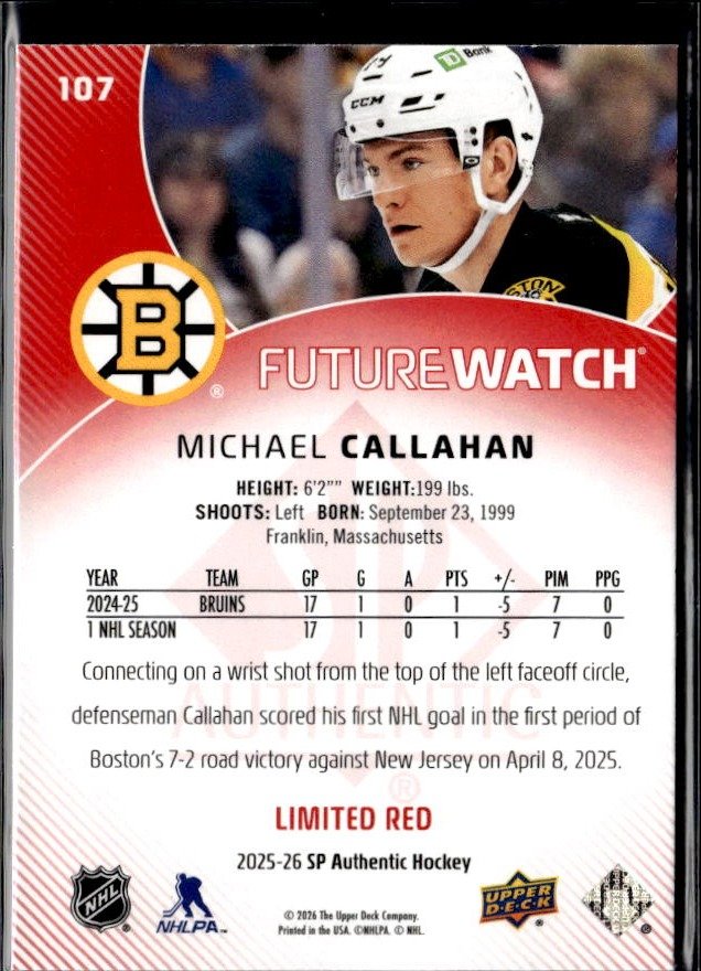 2025-26 SP Authentic SP Authentic Future Watch Limited Red Michael Callahan (2)