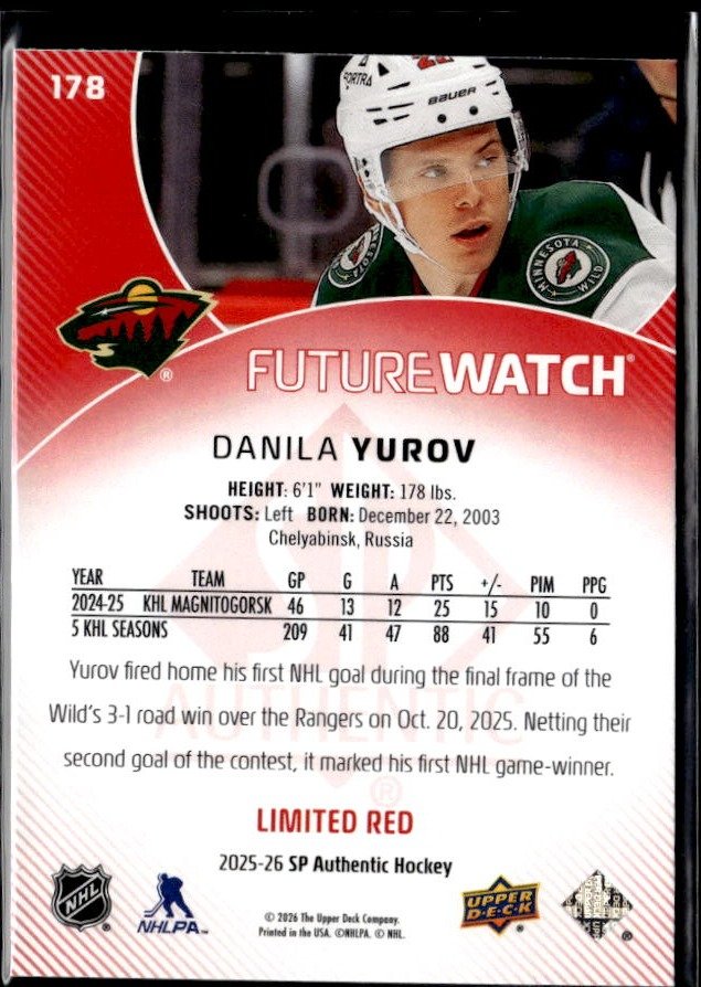 2025-26 SP Authentic SP Authentic Future Watch Limited Red Rookie Danila Yurov (2)