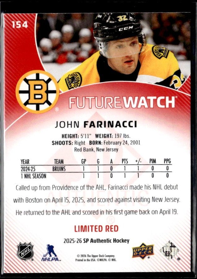 2025-26 SP Authentic SP Authentic Future Watch Limited Red Rookie John Farinacci (2)
