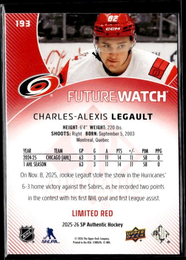 2025-26 SP Authentic Future Watch Limited Red Rookie #193 Charles-Alexis Legault (2)