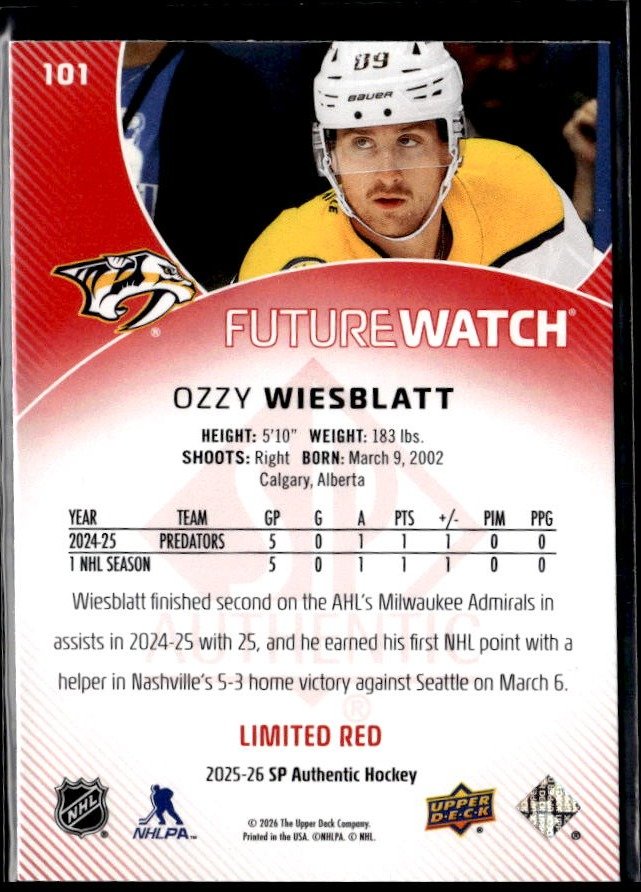 2025-26 SP Authentic SP Authentic Future Watch Limited Red Rookie Ozzy Wiesblatt (2)