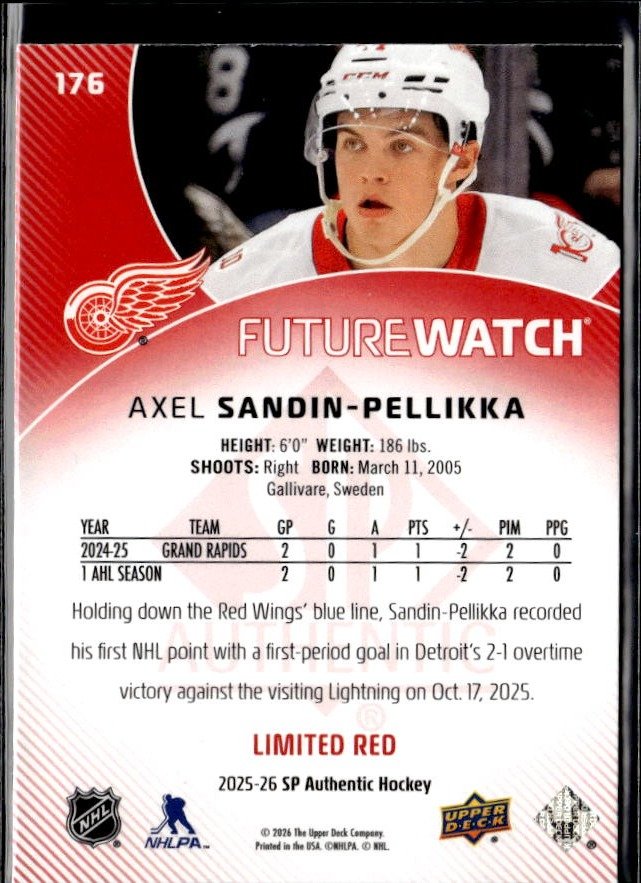 2025-26 SP Authentic SP Authentic Future Watch Limited Red Axel Sandin-Pellikka (2)
