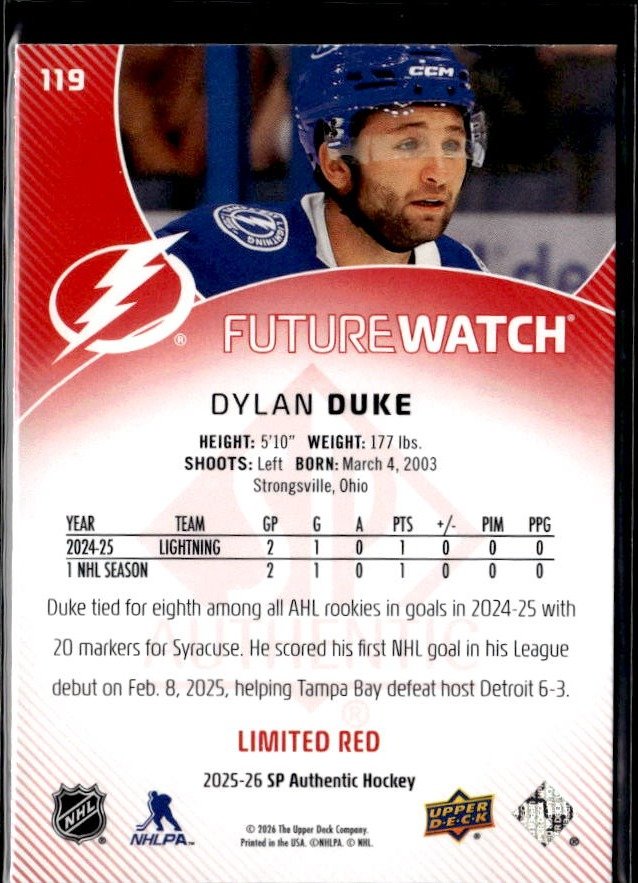 2025-26 SP Authentic SP Authentic Future Watch Limited Limited Red Dylan Duke (2)