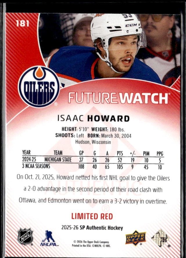 2025-26 SP Authentic SP Authentic Future Watch Limited Red Rookie Isaac Howard (2)
