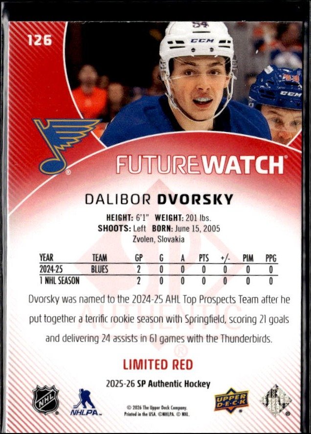 2025-26 SP Authentic SP Authentic Future Watch Limited Red Dalibor Dvorsky (2)