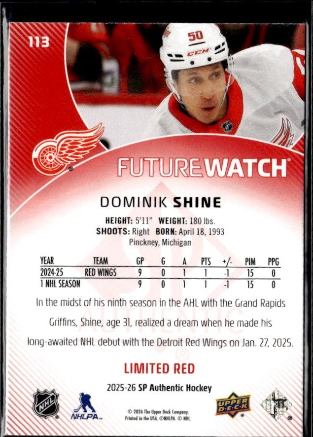 2025-26 SP Authentic SP Authentic Future Watch Limited Limited Red Dominik Shine (2)