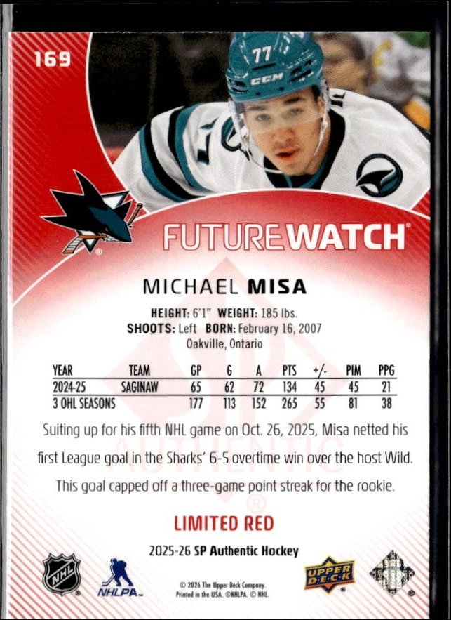 2025-26 SP Authentic Hockey Future Watch Limited Red Rookie #169 Michael Misa (2)