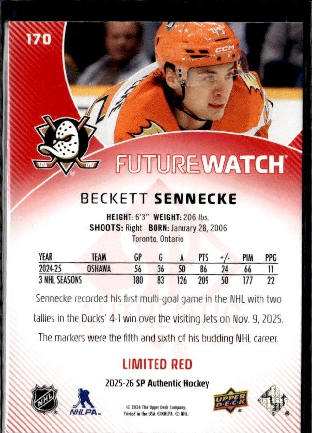 2025-26 SP Authentic SP Authentic Future Watch Limited Red Beckett Sennecke (2)