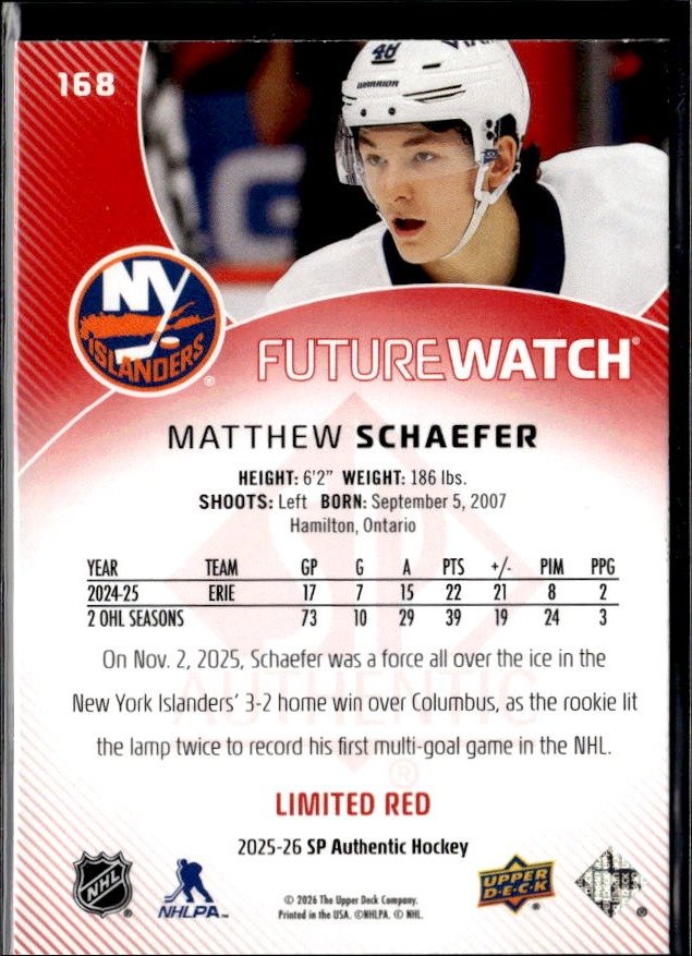 2025-26 SP Authentic Future Watch Limited Red Rookie #168 Matthew Schaefer (2)