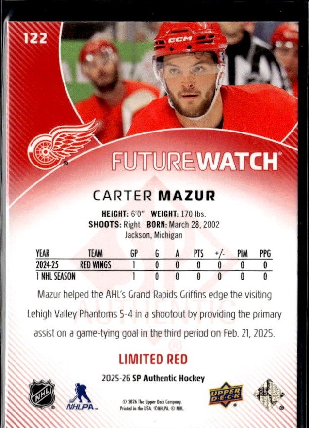 2025-26 SP Authentic SP Authentic Future Watch Limited Limited Red Carter Mazur (2)