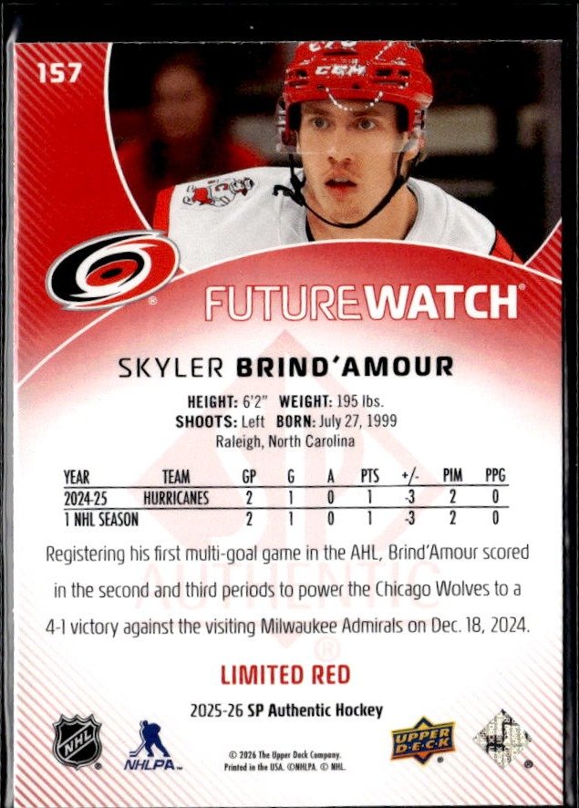 2025-26 SP Authentic Future Watch Limited Red Rookie #157 Skyler Brind'Amour (2)