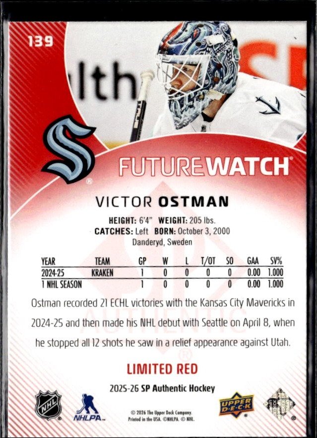 2025-26 UD SP Authentic Future Watch Limited Red Rookie #139 Victor Ostman (2)
