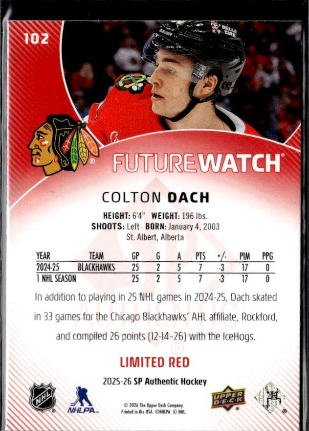 2025-26 SP Authentic SP Authentic Future Watch Limited Red Rookie Colton Dach (2)