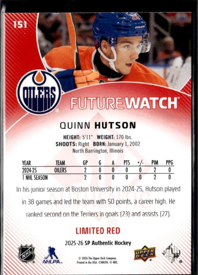 2025-26 SP Authentic SP Authentic Future Watch Limited Limited Red Quinn Hutson (2)