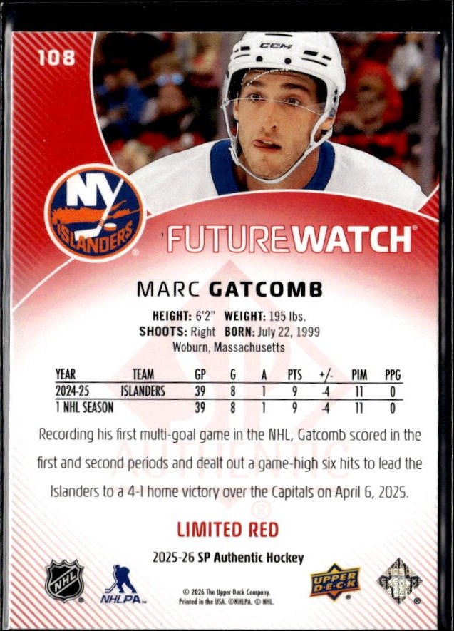 2025-26 SP Authentic SP Authentic Future Watch Limited Red Rookie Marc Gatcomb (2)