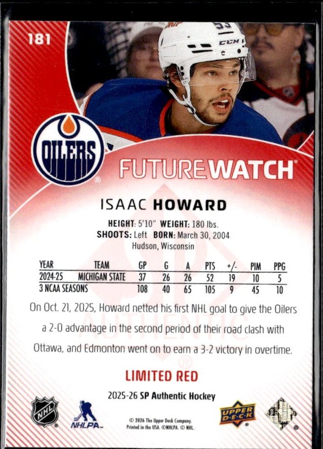 2025-26 SP Authentic Future Watch Limited Red Rookie #181 Isaac Howard (2)