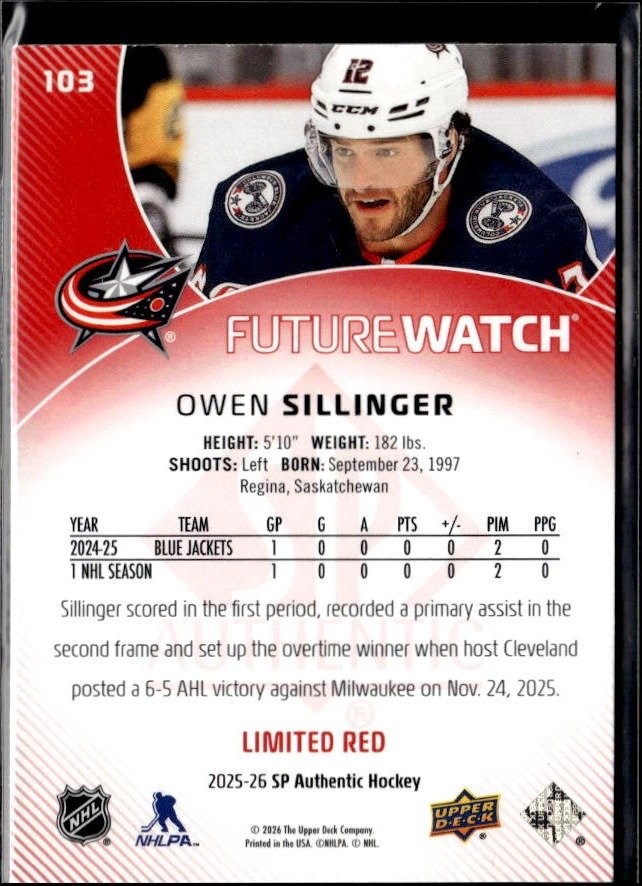 2025-26 SP Authentic SP Authentic Future Watch Limited Red Rookie Owen Sillinger (2)