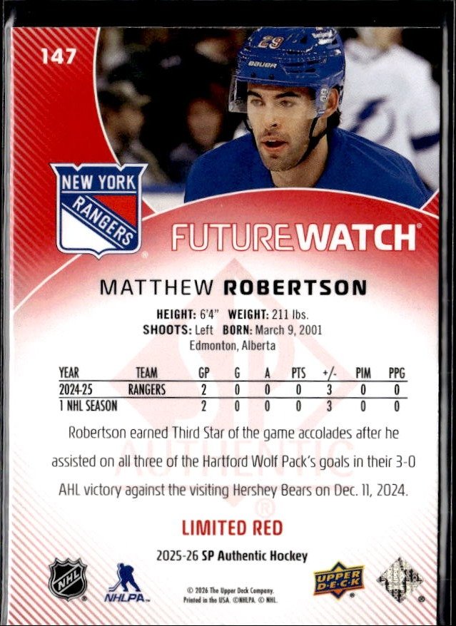 2025-26 SP Authentic SP Authentic Future Watch Limited Red Matthew Robertson (2)