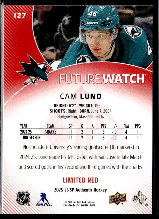 2025-26 SP Authentic SP Authentic Future Watch Limited Red Rookie #127 Cam Lund (2)