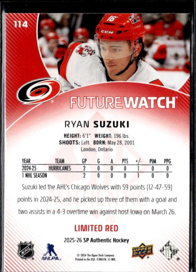 2025-26 SP Authentic SP Authentic Future Watch Limited Limited Red Ryan Suzuki (2)