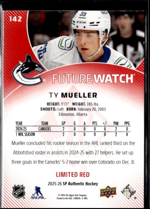 2025-26 SP Authentic SP Authentic Future Watch Limited Limited Red Ty Mueller (2)