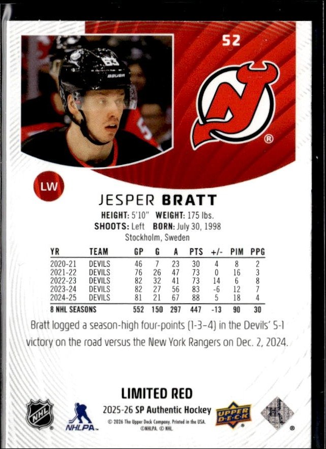 2025-26 UD SP Authentic Hockey Limited Red #52 Jesper Bratt (2)