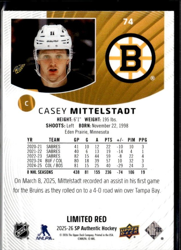 2025-26 Upper Deck SP Authentic Hockey Limited Red #74 Casey Mittelstadt (2)