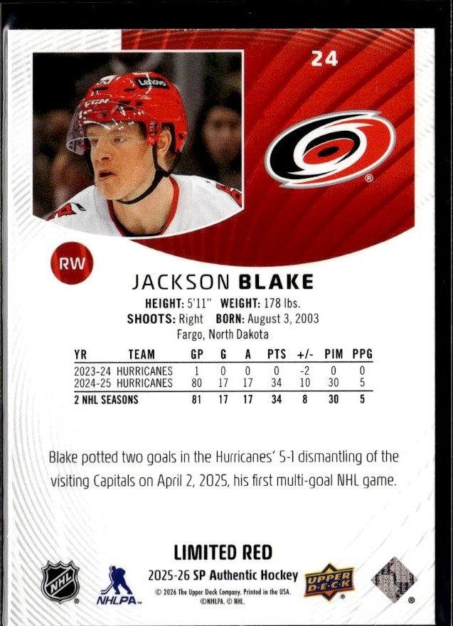 2025-26 Upper Deck SP Authentic Hockey Limited Red #24 Jackson Blake (2)